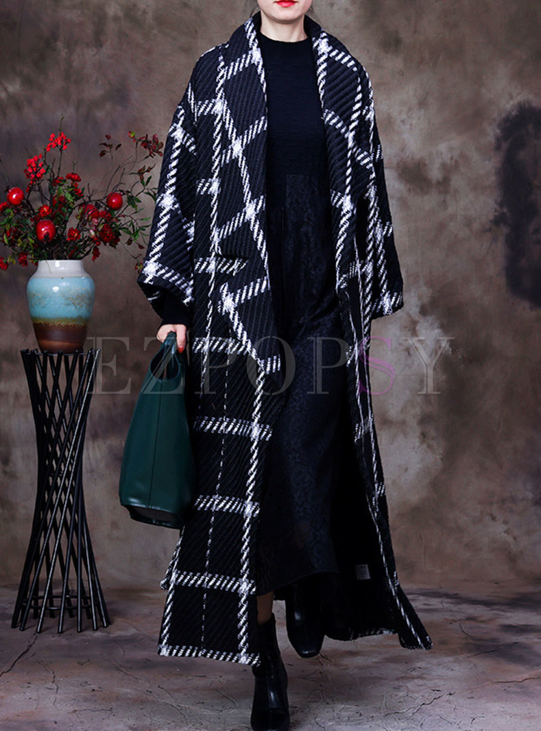 Plus Size Lapel Plaid Straight Long Wool Blend Coat