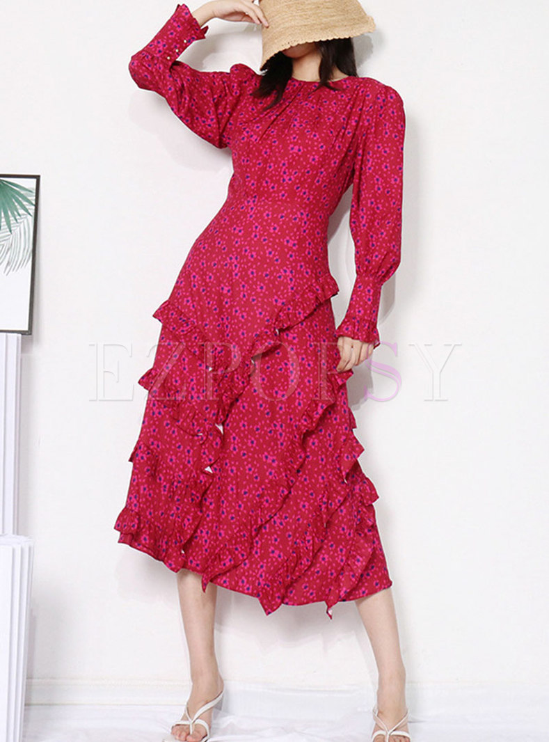 Long Sleeve Print Ruffle Boho Maxi Dress