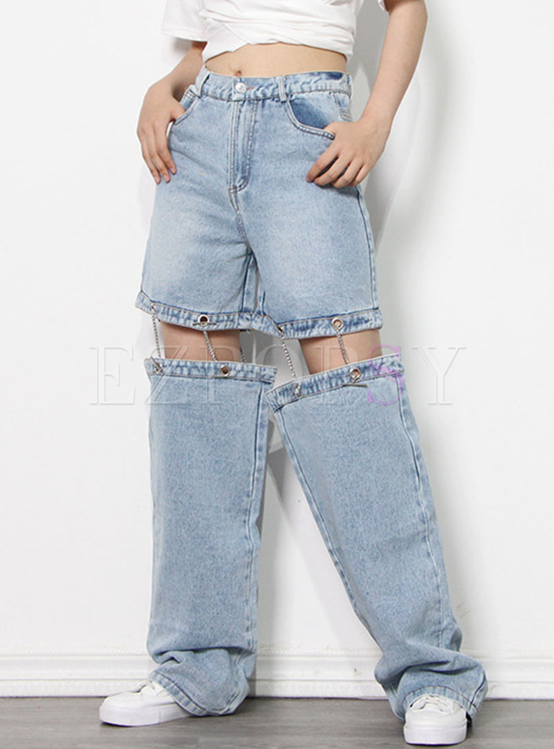 Chic High Waisted Chain Design Wide Leg Jeans
