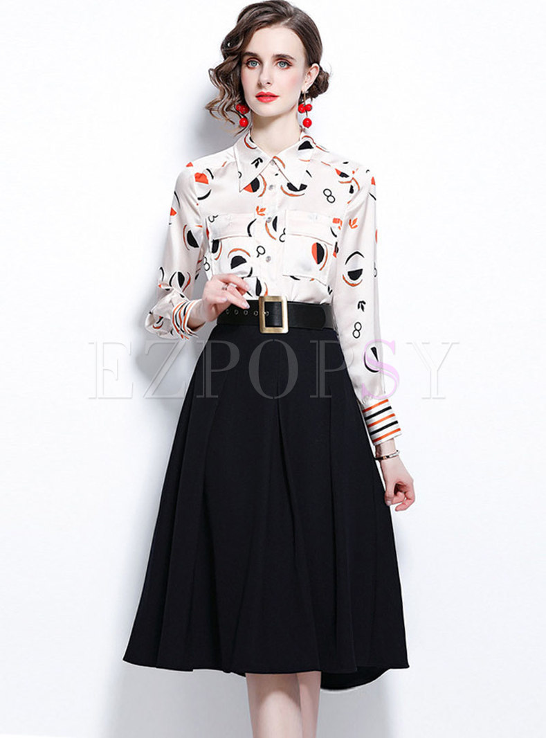 Long Sleeve Print Blouse & A Line Maxi Skirt