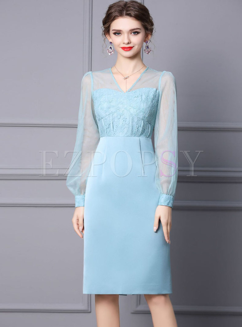 V-neck Long Sleeve Lace Patchwork Sheath Dress