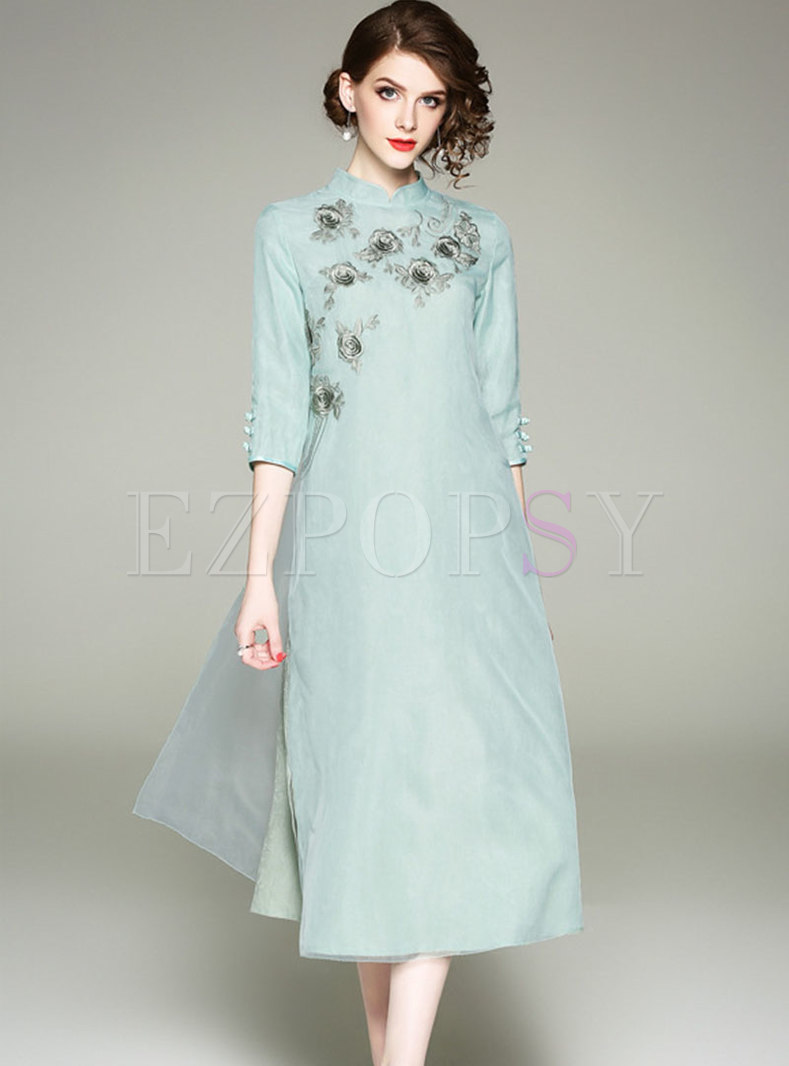 Dresses | Maxi Dresses | Mandarin Collar Embroidered Cheongsam Dresses
