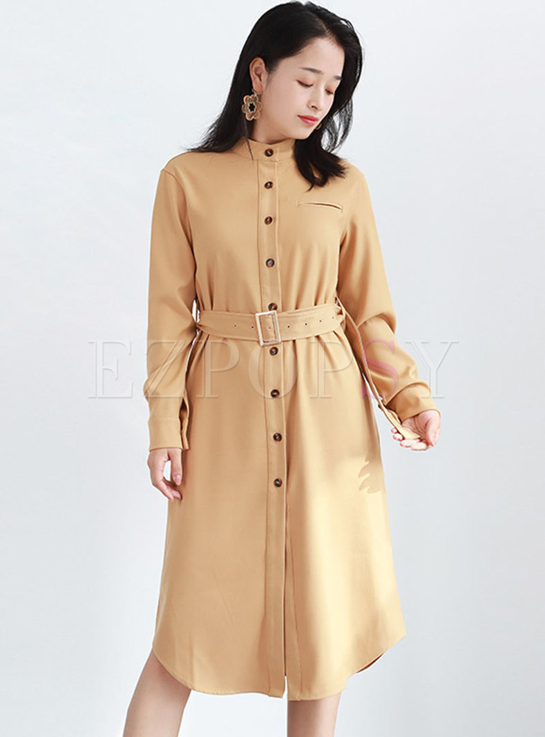 Casual Mock Neck Long Sleeve Belted Dress