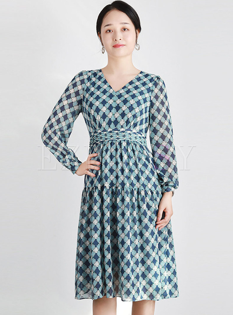 V-neck Long Sleeve Geometric Print A Line Dress