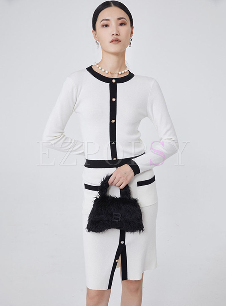 Crew Neck Color-blocked Sheath Sweater Skirt Suits