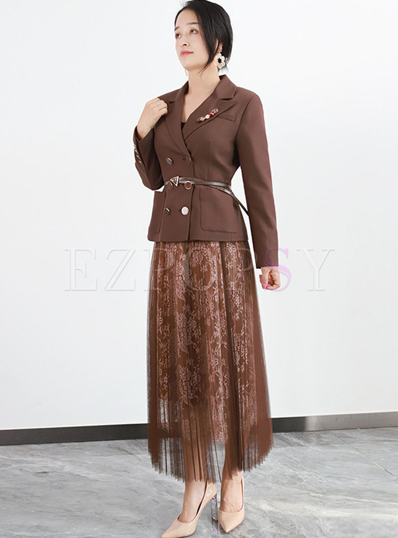 Notched Collar Belted Blazer & Mesh Print Long Skirt
