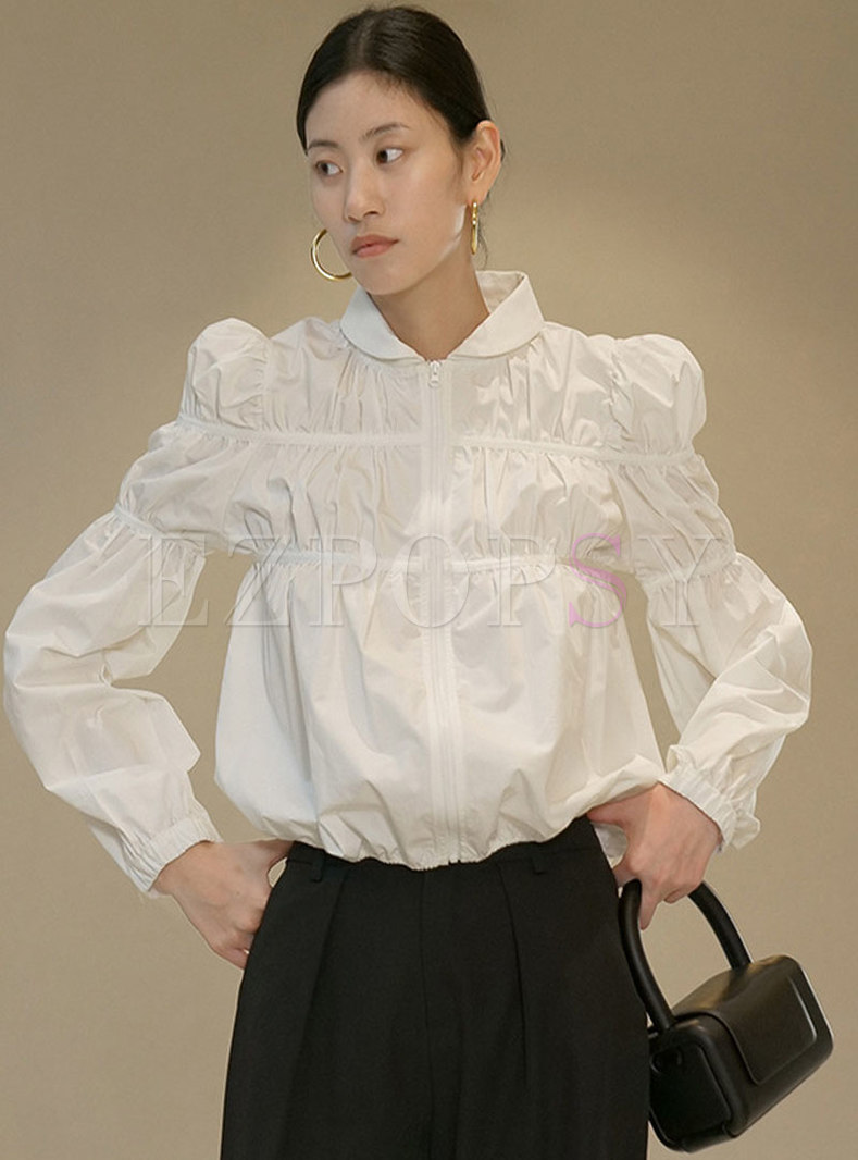 Puff Sleeve Ruched Loose White Blouse