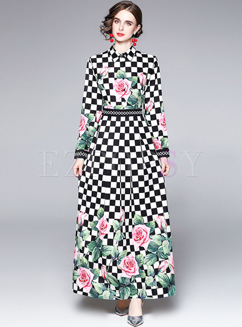 Retro Plaid Print High Waisted A Linger Maxi Dress