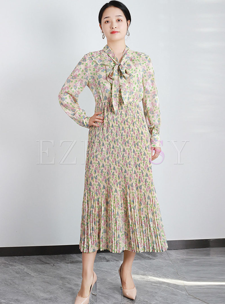 Long Sleeve Bowknot Print Pleated Maxi Dress