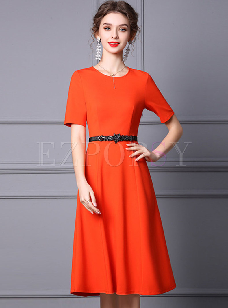 Crew Neck Short Sleeve Belted Midi Cocktail Dress