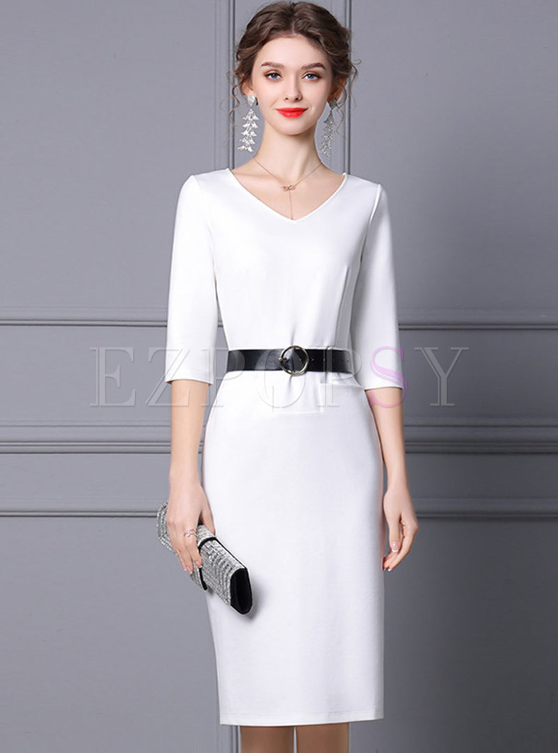 White V-neck Belted Knee-length Bodycon Dress