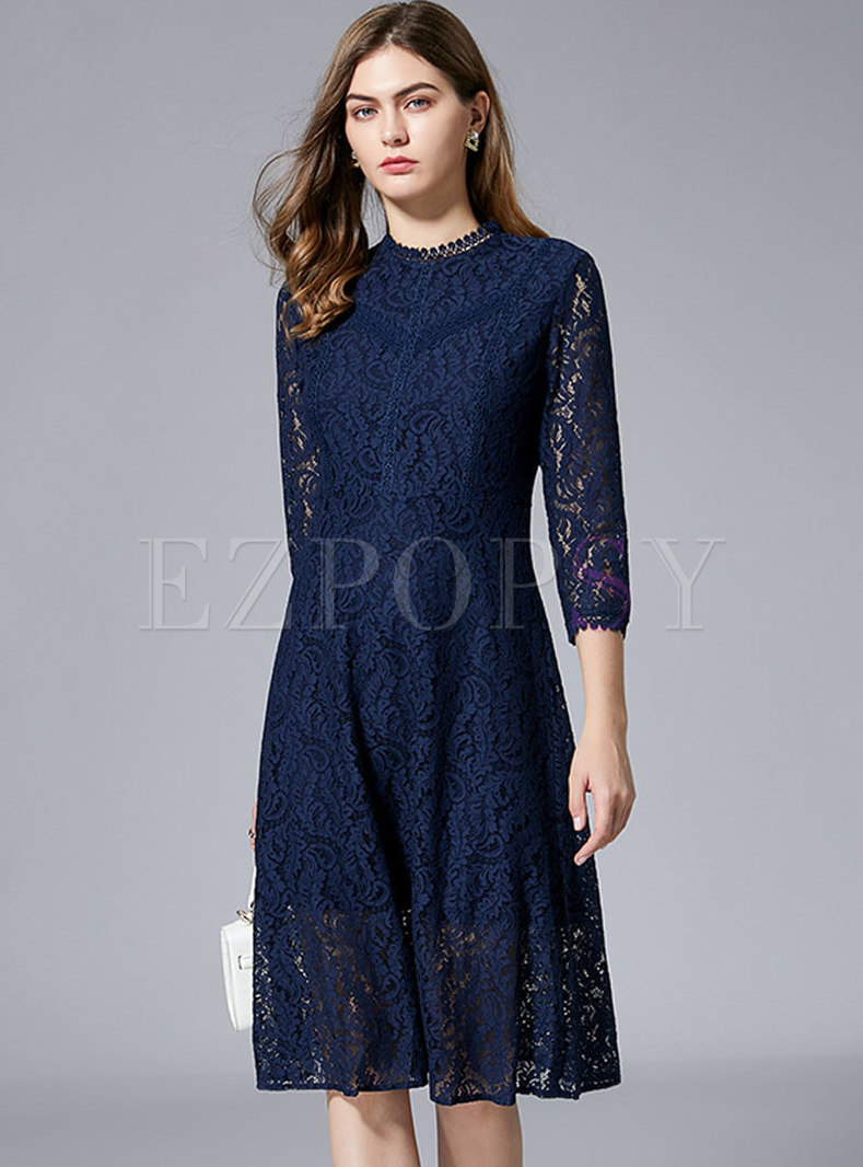 Crew Neck Lace Openwork A Line Cocktail Dress