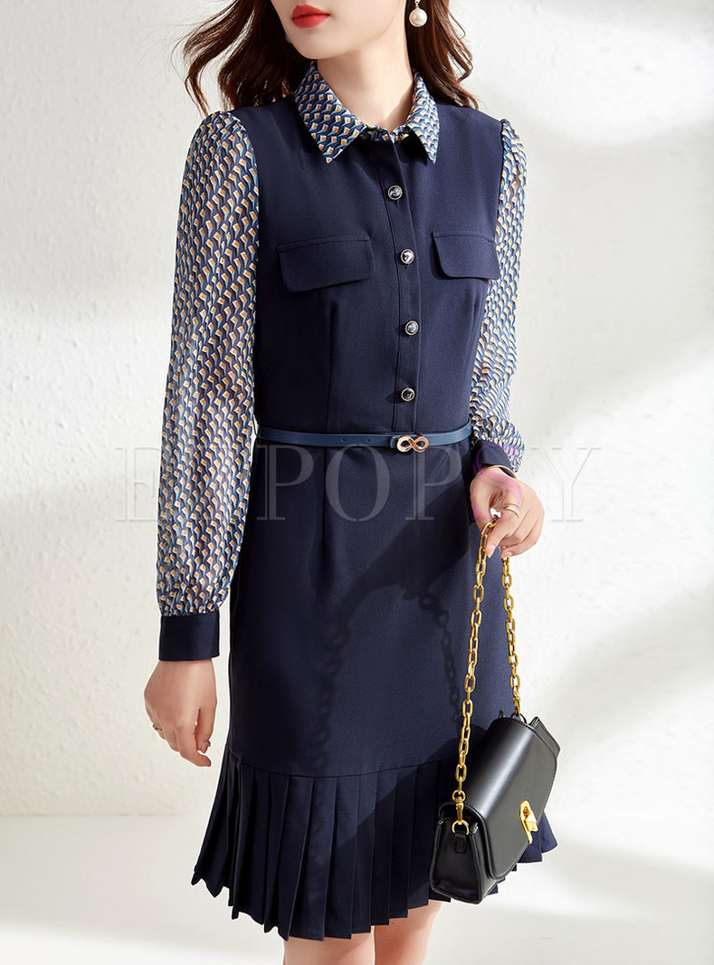 Long Sleeve Print Patchwork Belted Pleated Dress