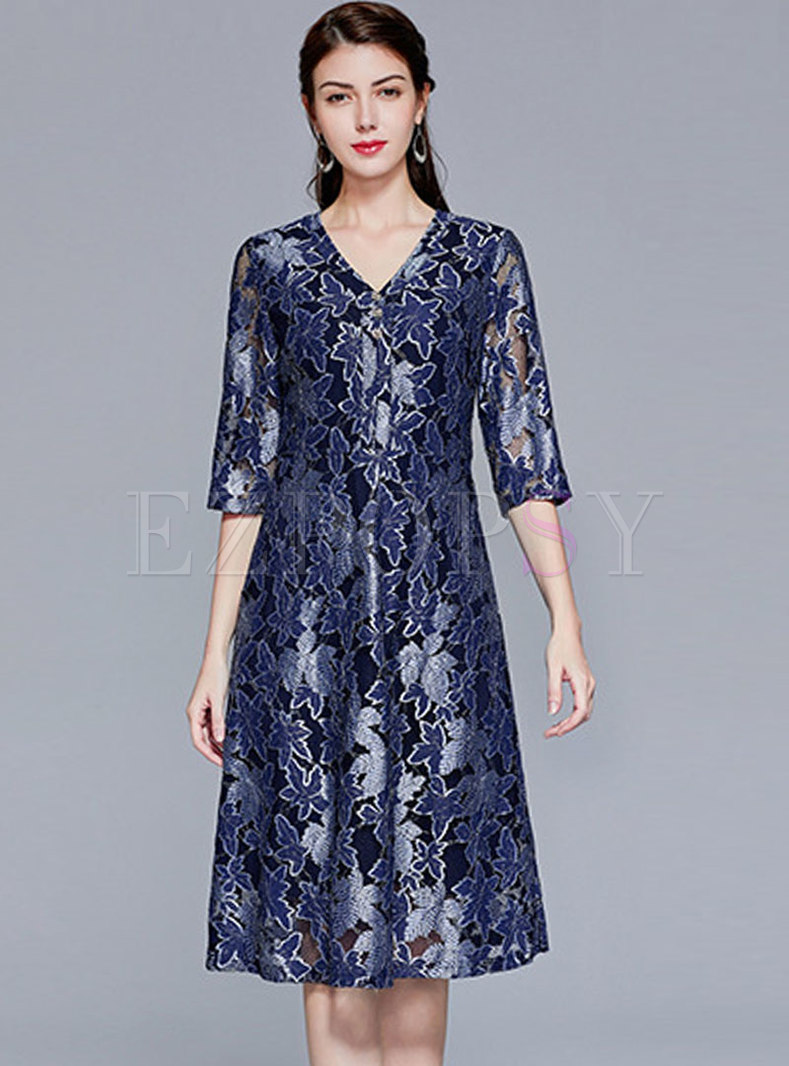 V-neck Lace Embroidered A Line Plus Size Dress