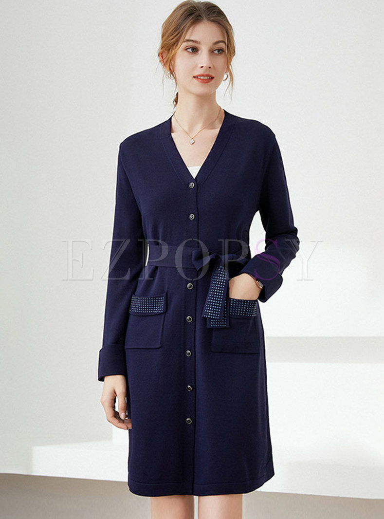 Brief Long Sleeve Single-breasted Short Sweater Dress