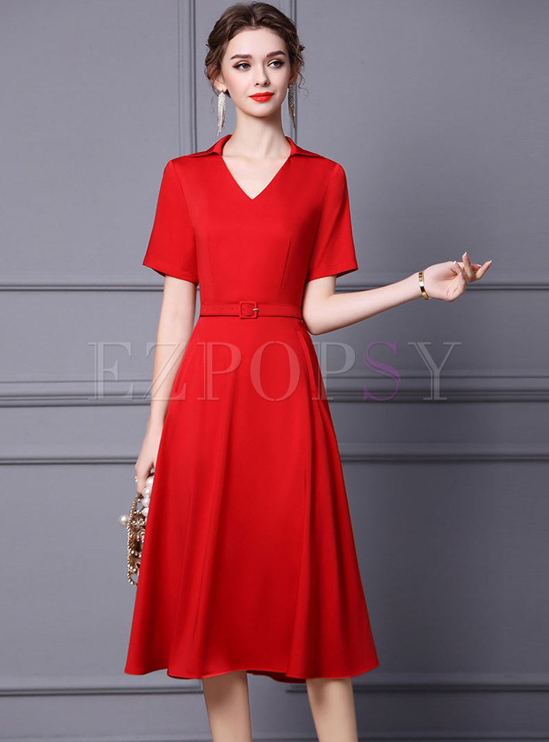 Red Short Sleeve Belted A Line Midi Cocktail Dress