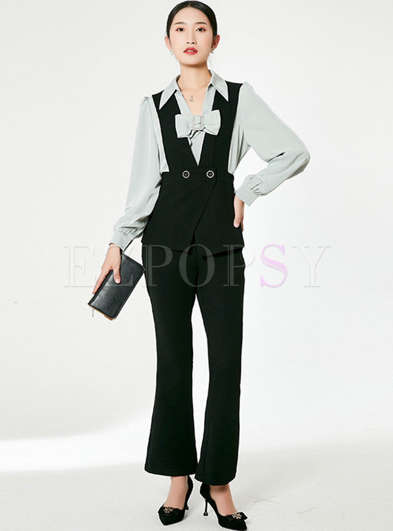 Bowknot Long Sleeve Blouse With Vest & High Waisted Flare Pants