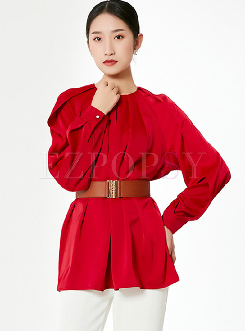 Lantern Sleeve Pullover Ruched Blouse