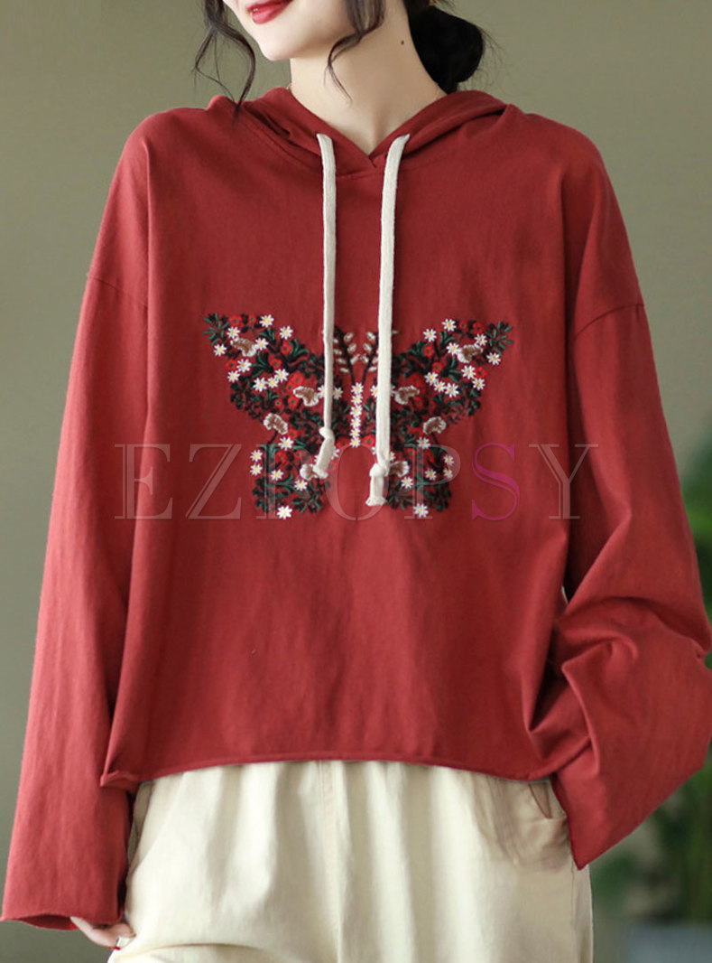 Casual Long Sleeve Embroidered Pullover Hoodie