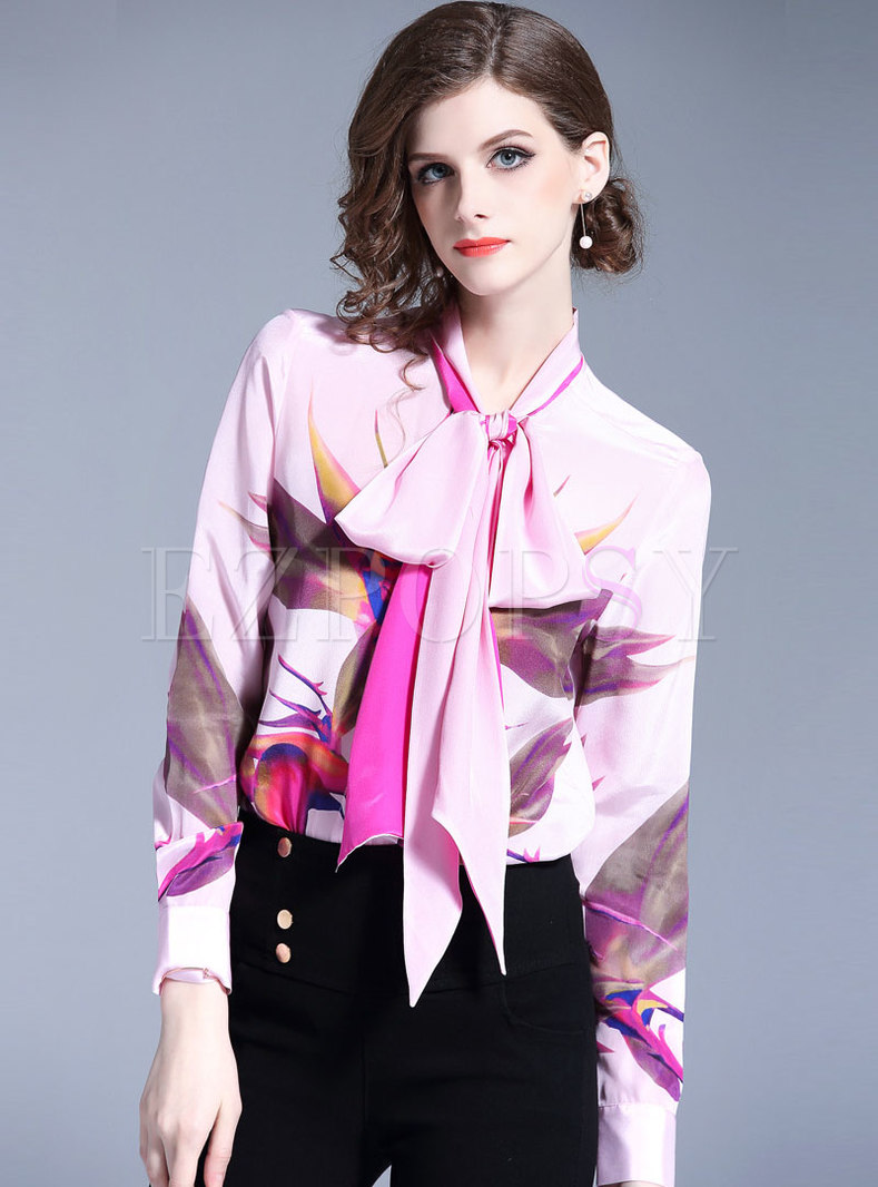 Pink Long Sleeve Bowknot Ribbon Print Blouse