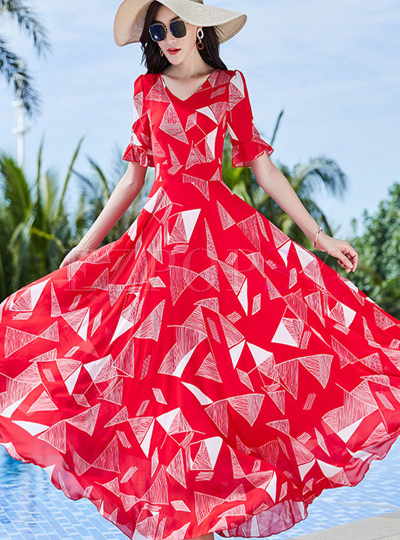 V-neck Geometric Print Big Hem Boho Long Dress