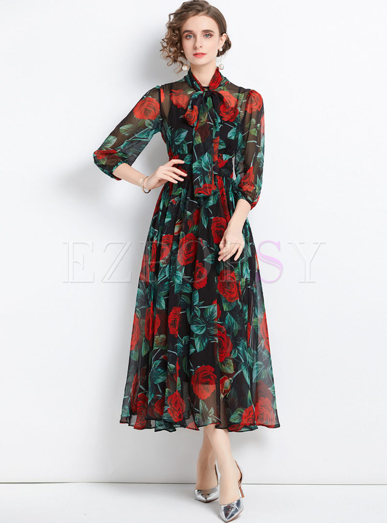 Dresses | Maxi Dresses | Bowknot Mock Neck Print Chiffon Big Hem Boho Dress