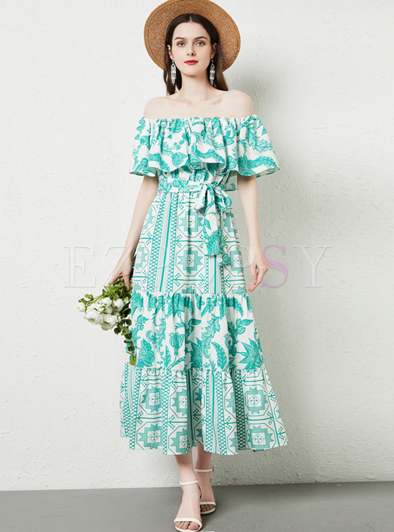 Off-the-shoulder Print Ruffle Long Boho Beach Dress