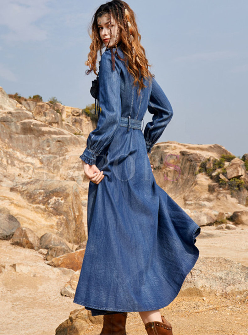 Mushini - Frayed Trim Denim Maxi A-Line Dungaree Dress / Long-Sleeve Plain  Blouse