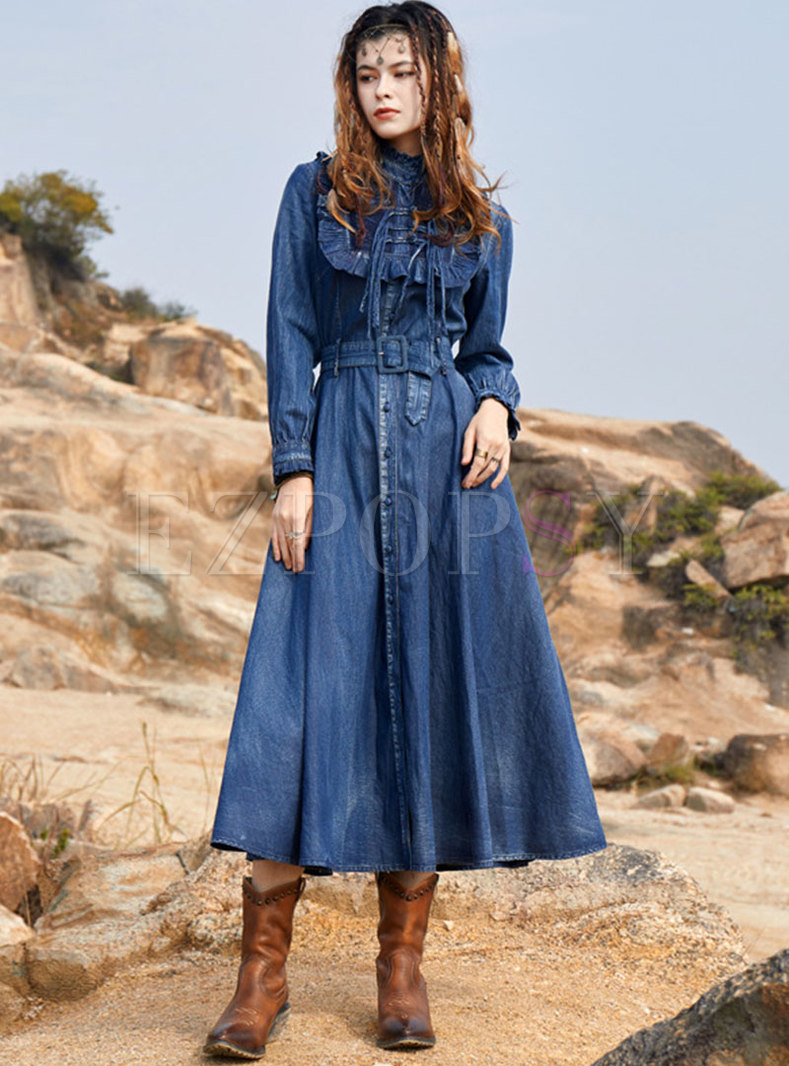 Fitted Blue Ruffled Zip Up Patchwork Denim Long Dress Summer – Omychic