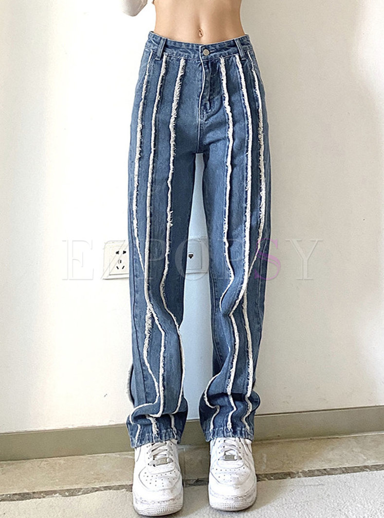Casual High Waisted Fringed Denim Straight Pants