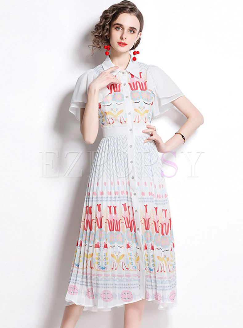Print Flare Sleeve A Line Pleated Midi Dress