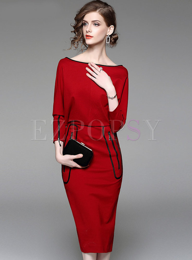 Off-the-shoulder Batwing Sleeve Midi Bodycon Dress