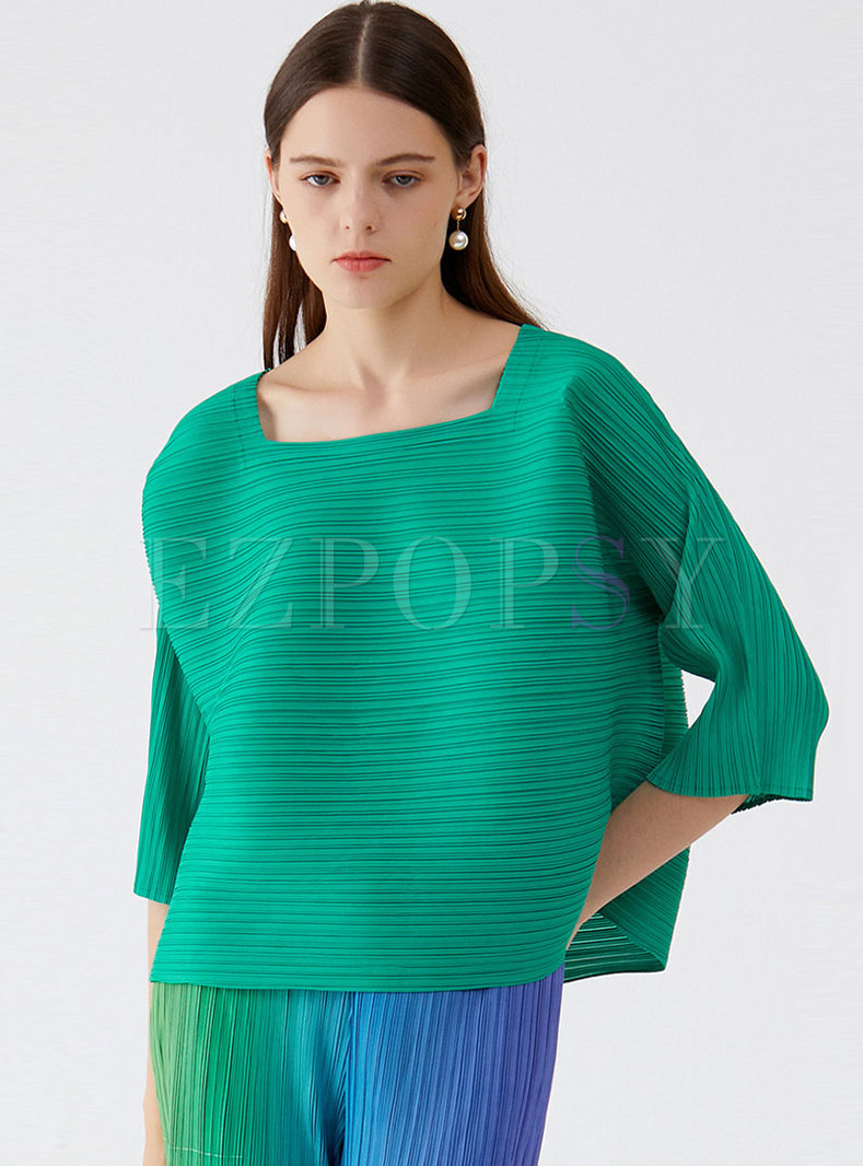 Square Neck Plus Size Loose Pleated Tee