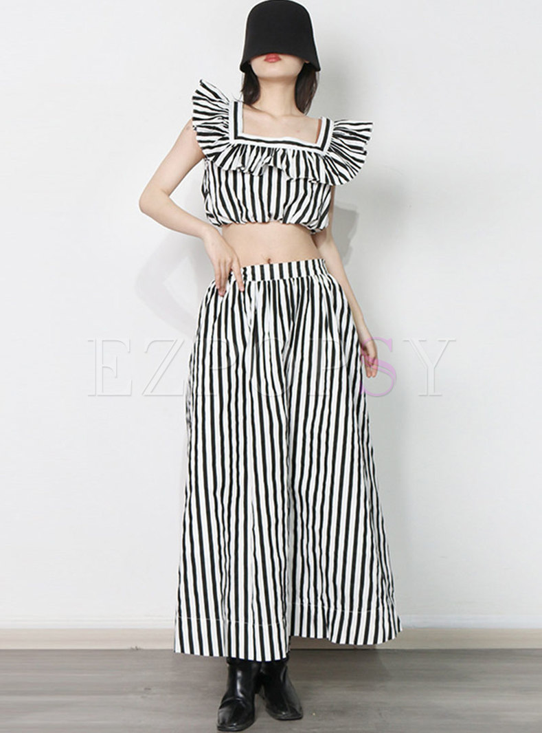 Square Neck Striped Crop Blouse & A Line Long Skirt