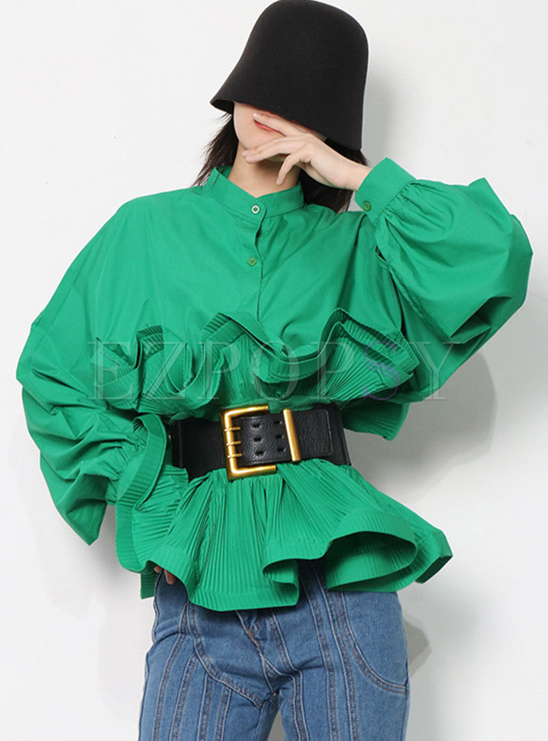 Mock Neck Belted Pullover Ruffle Blouse