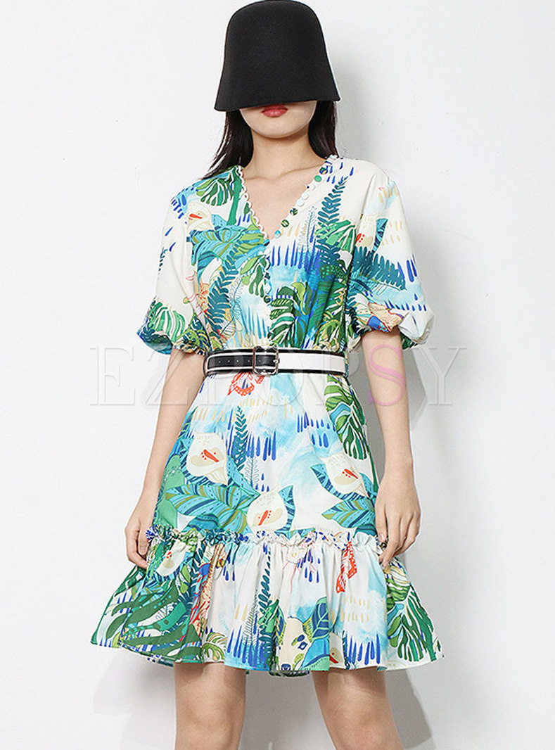 Boho V-neck Puff Sleeve Print Belted Mini Dress