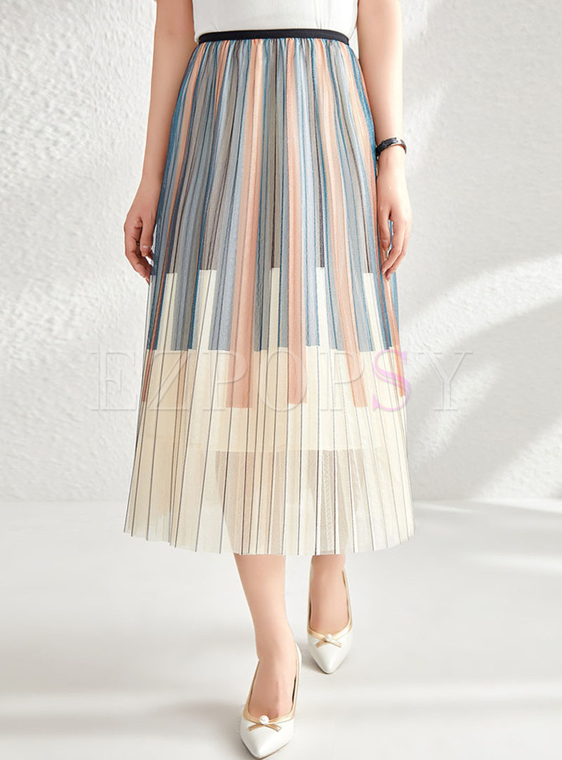 High Waisted Color-blocked Pleated Midi Skirt