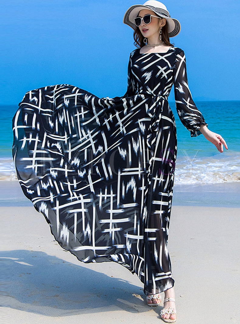 Long Sleeve Print Big Hem Chiffon Boho Beach Dress