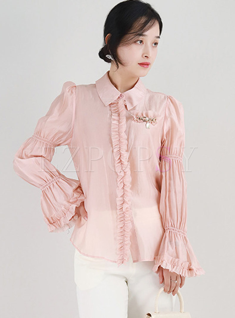 Pink Flare Sleeve Ruched Single-breasted Blouse