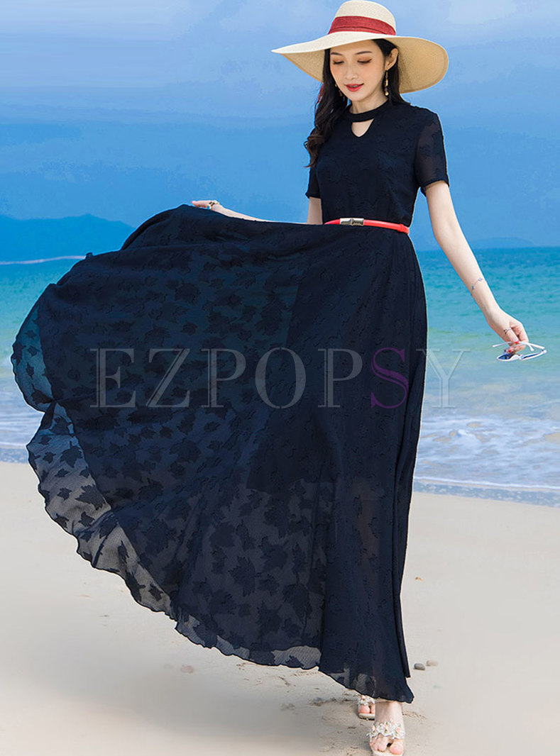 Boho Short Sleeve Print Big Hem Beach Maxi Dress