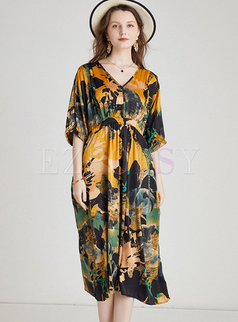 Plus Size Print Half Sleeve A Line Midi Dress
