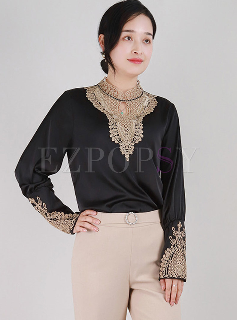Black Lace Patchwork Pullover Loose Blouse