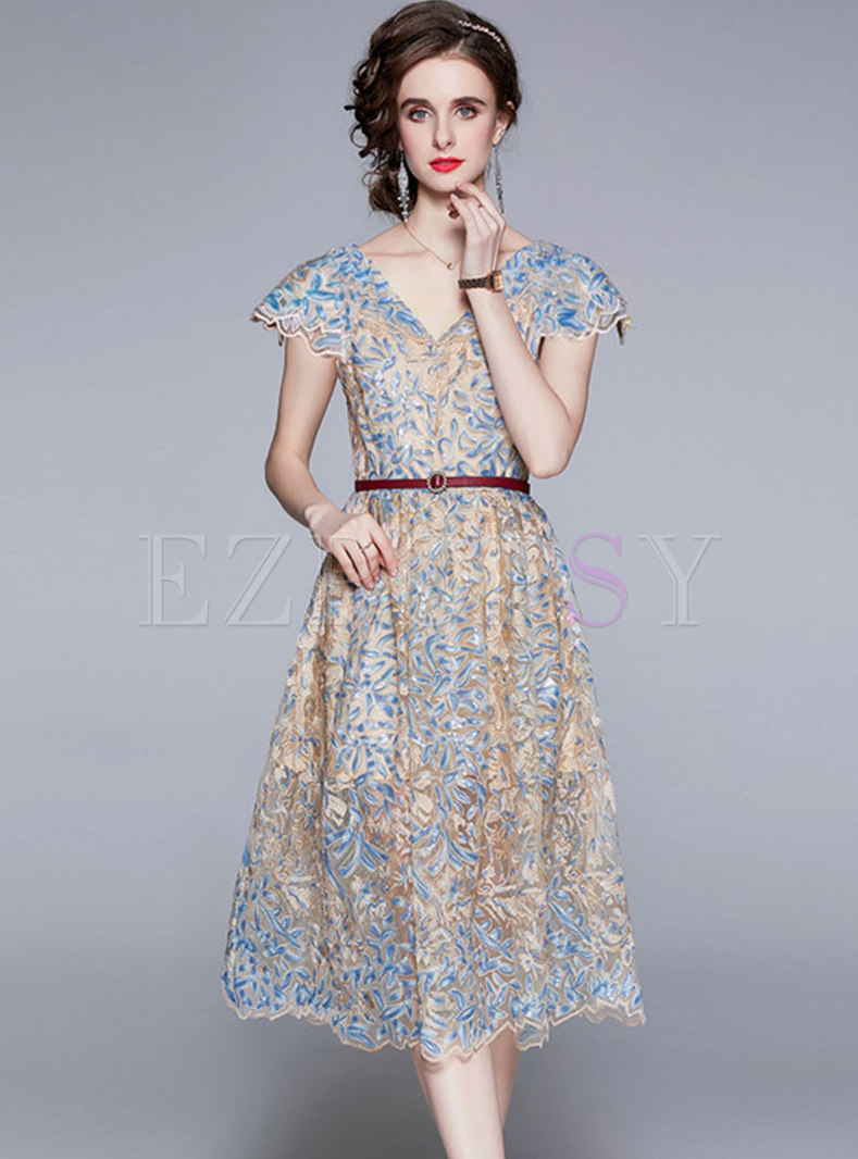 V-neck Embroidered Belted Lace Midi Dress