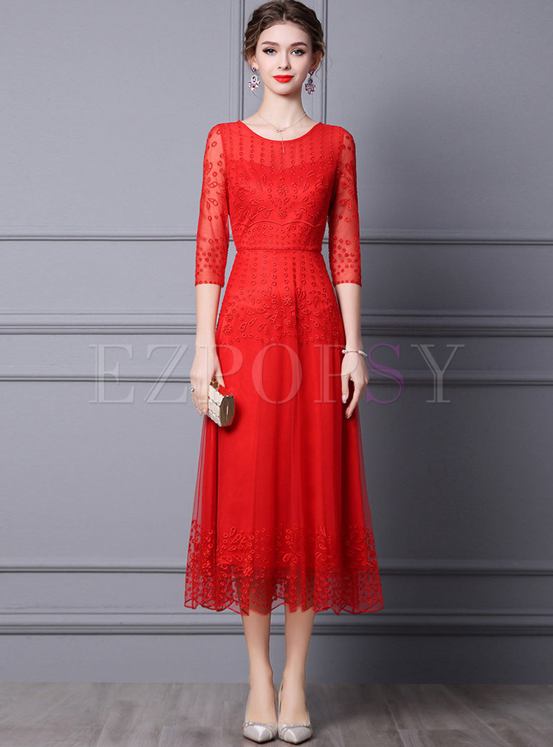 Crew Neck Embroidered Beaded Mesh A Line Party Dress