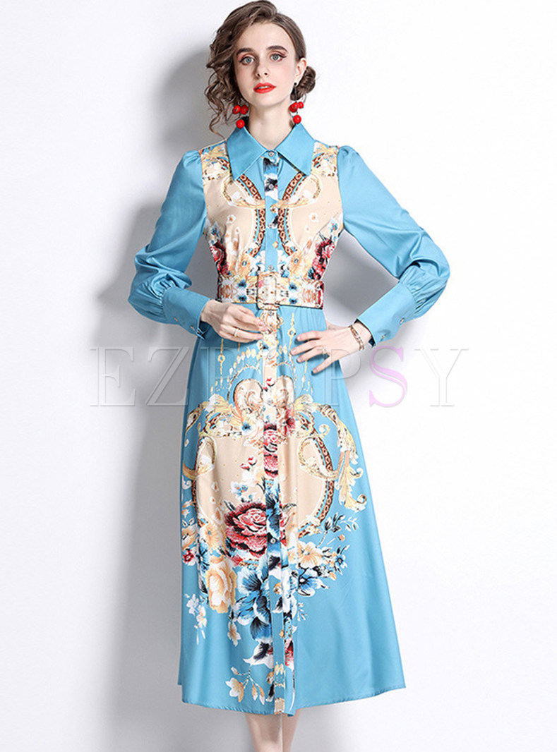 Casual Long Sleeve Floral Print Button Down Midi Dress with Belt