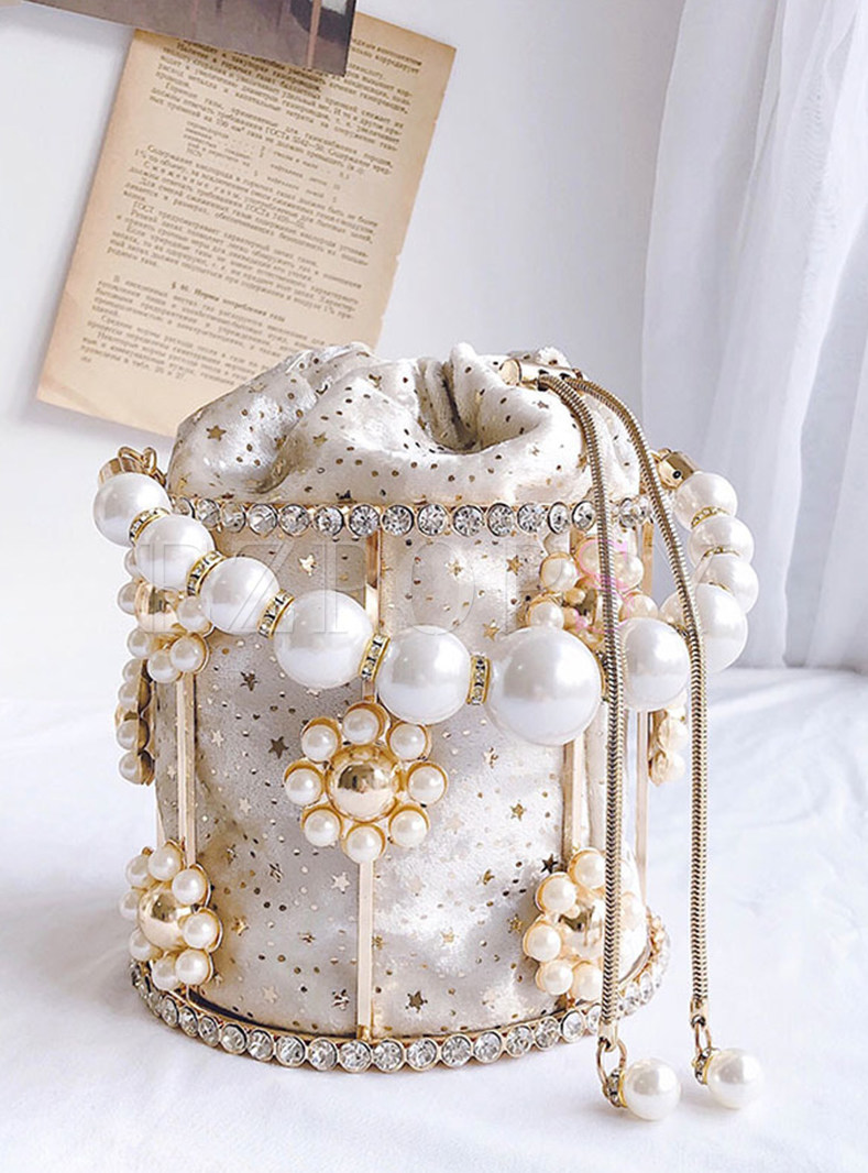 Beaded Handbag Pearl Decoration Evening Bags with Detachable Chain Inner Bag