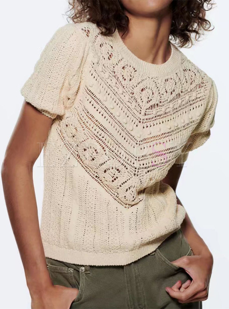Summer Knit Crochet Short Sleeve Crewneck Knit Pullover Jumper Tops