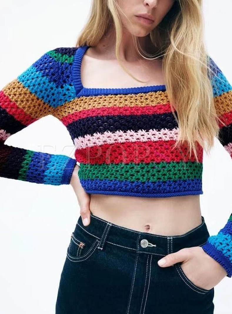 Cropped Knitwear Long Sleeve Striped Pullover Sweater