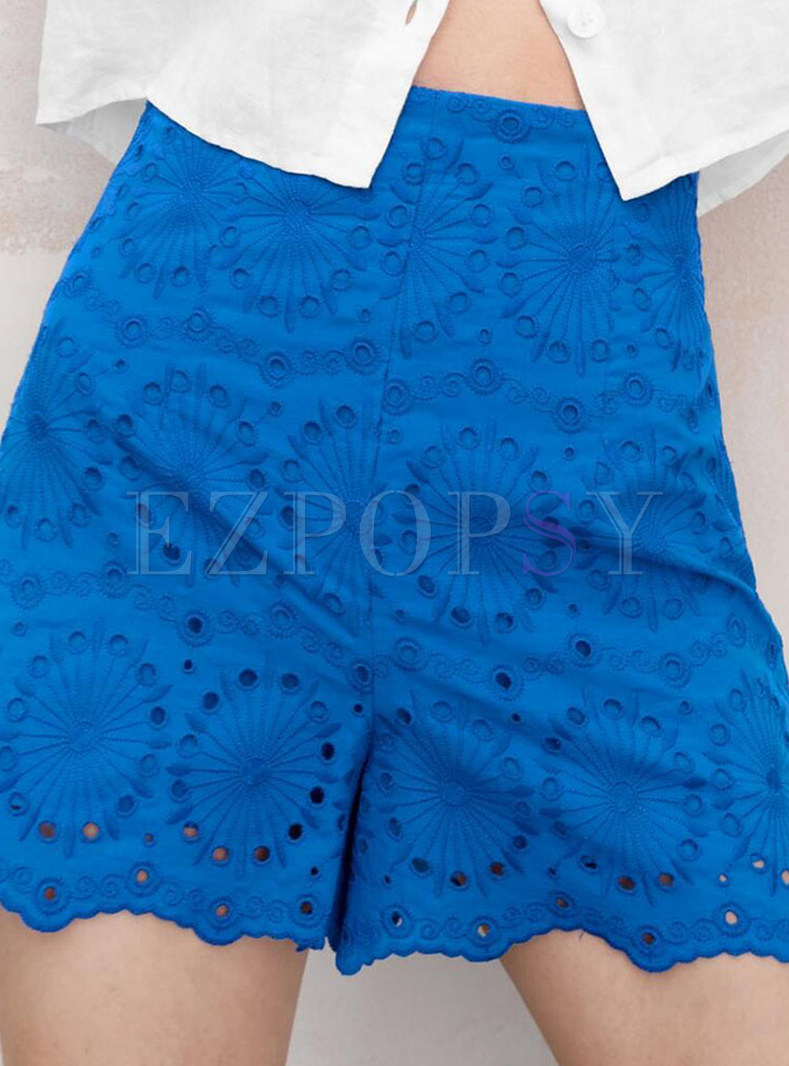 Summer Cutout Embroidered High Waist Straight Shorts