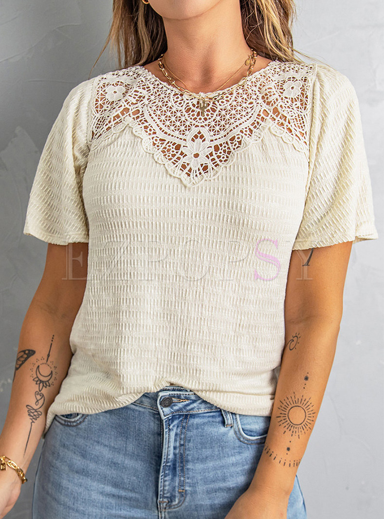 Crochet Lace Basic V-Neck T-Shirts Short Sleeve